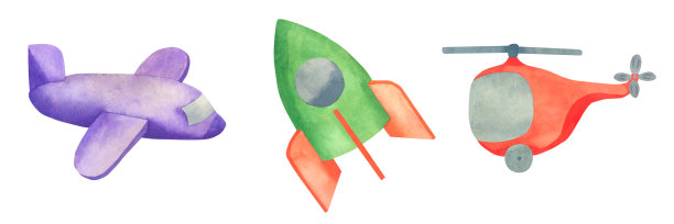 孩子们的玩具。直升机，飞机和火箭水彩画孤立的白色背景。航空运输。儿童插图图片下载