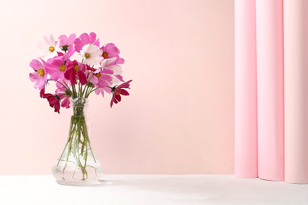 美丽的洋甘菊花在花瓶上的浅色背景，抽象的插花，室内装饰元素，静物与文字的地方，图片下载