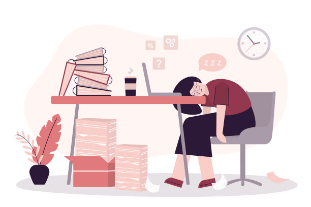 疲惫的上班族在工作场所睡觉。超负荷工作，精疲力竭，在办公室努力工作。公司奴役，一周工作七天。劳累过度的女商人没有力气。图片下载