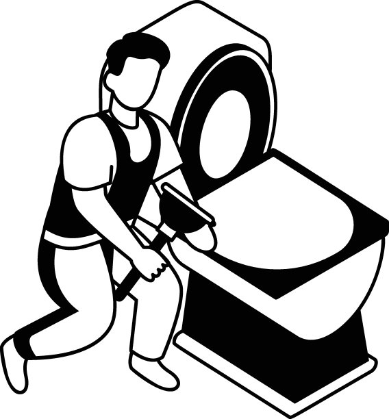 工人修理厕所水箱或马桶矢量等长设计，水管工设备符号，勤杂工服务工程标志，卫生技术人员库存插图，水管工手持柱塞概念图片下载
