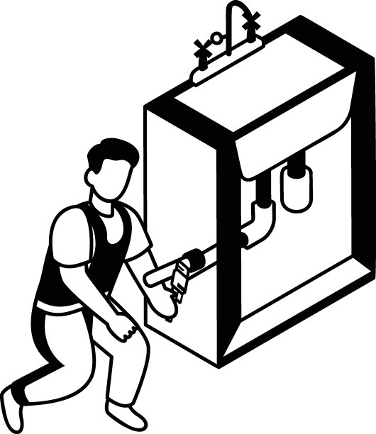 带扳手和固定厨房水龙头的水管工概念矢量等长设计，水管工设备符号，勤杂工服务工程标志，卫生技术员库存插图图片下载