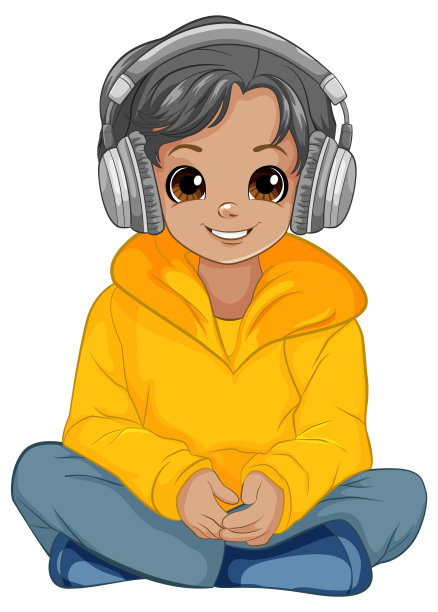 男孩坐在地板上，戴着耳机听音乐图片下载