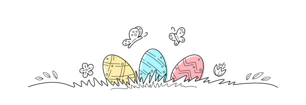草地上的彩蛋上有鲜花和蝴蝶。行设计。透明背景下的快乐复活节理念。矢量插图的横幅，海报，传单，贺卡，邀请图片下载