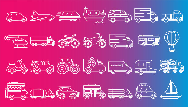 交通主题的图标设置在轮廓线艺术风格图片下载