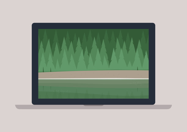 一台便携式电脑上的壁纸是一片宁静的云杉林和一个山间湖泊图片下载