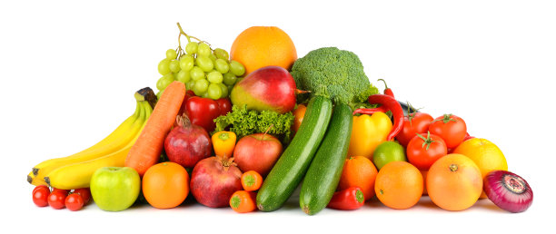 新鲜水果和蔬菜在堆隔离在白色图片下载