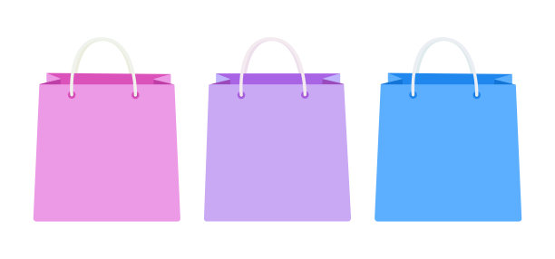购物袋模板。有文字位置的彩色包。粉色、紫色、蓝色。图片下载