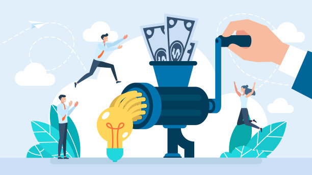 钱经过绞肉机，变成了想法。创业精神。商业机会，创业，投资，财务顾问，创业，创业。平的插图图片下载