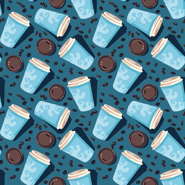 无缝图案与咖啡杯在浅蓝色和豆类在深蓝色背景纺织品或对象印刷品图片下载