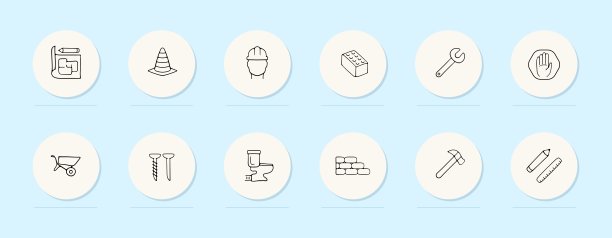 施工线图标。头盔，砖头，积木，塔坎卡，螺丝，马桶，蓝图。柔和的颜色背景。矢量线图标图片下载