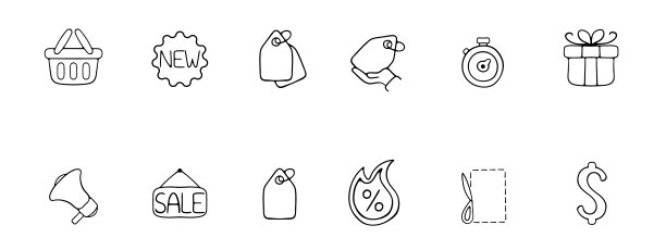 折扣线图标。礼品，优惠券，标签，美元，热价格，黑色星期五销售。矢量黑线图标在白色背景的业务图片下载