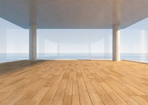 海滨落地窗，白色木地板，干净而空旷的房间图片下载