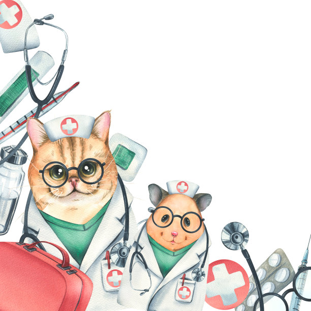 猫与仓鼠医生穿着晨衣，戴着眼镜，带着听诊器，一个手提箱和医疗器械，打针。水彩插图手绘。模板上的白色背景。图片下载