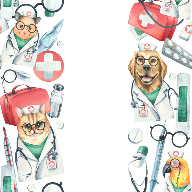 狗，猫，仓鼠，鹦鹉医生穿着晨衣，戴着眼镜，带着听诊器，一个手提箱和医疗器械。水彩插图手绘。白色背景上的无缝边框模板图片下载