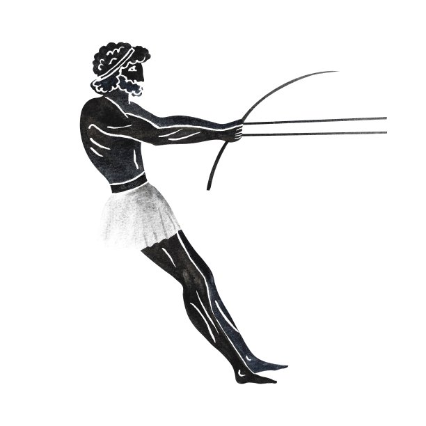 罗马战车骑手。黑白剪影。古希腊花瓶绘画风格。手绘水彩插图。隔离。用于横幅，印刷品和纺织品。为包装。图片下载