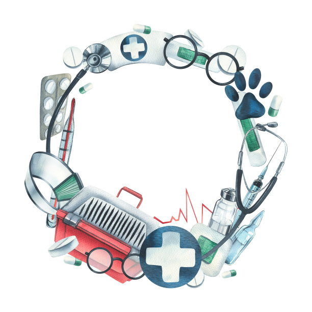 兽医设备。水彩插图手绘。适用于诊所、医院、急救站、动物药房的设计和装修。圆形框架，花环在一个白色的背景。图片下载
