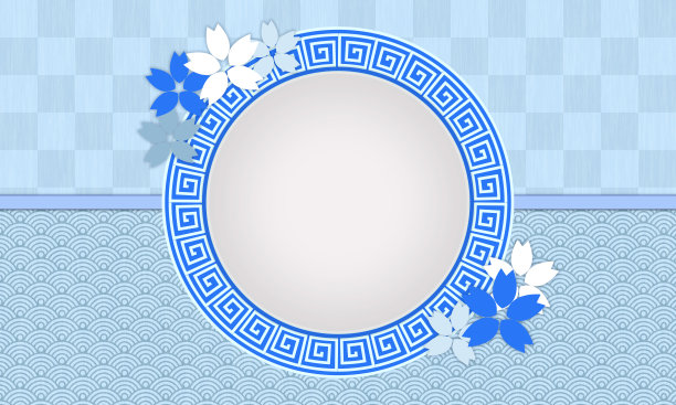 亚洲圆形框架，樱花和日本青花波浪图案背景图片下载