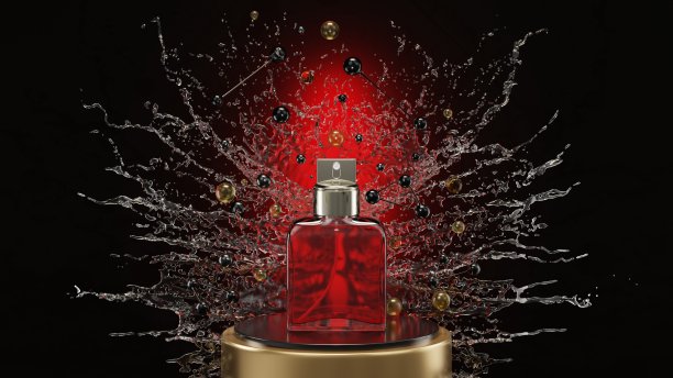 香水瓶里喷着水，化妆水是放在讲台上的水。三维渲染图片下载
