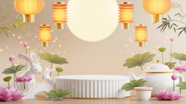 3D渲染平台，中秋节假期或中国新年，中国节日，灯笼，花，月亮，兔子，月饼，茶壶和亚洲元素为背景。图片下载
