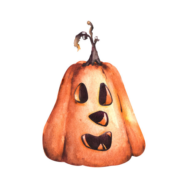 万圣节有趣可怕的杰克南瓜头手绘水彩插图孤立的白色背景。图片下载