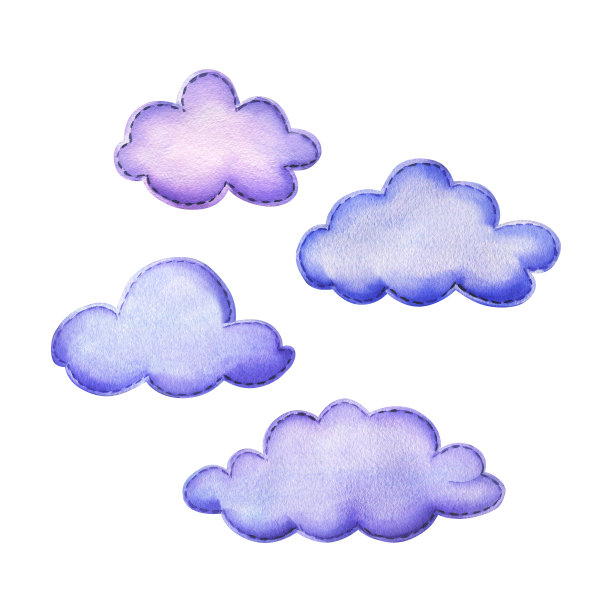 蓝色、淡紫色的云彩是用丝线缝制的。水彩插图，手绘。白色背景上的一组孤立物体。图片下载