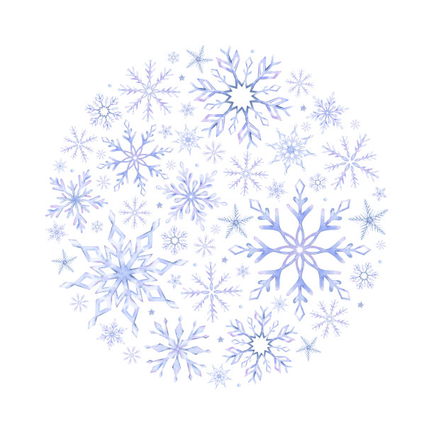 雪花，雪花，星星。水彩圆构图。孤立。明信片，请柬，卡片图片下载