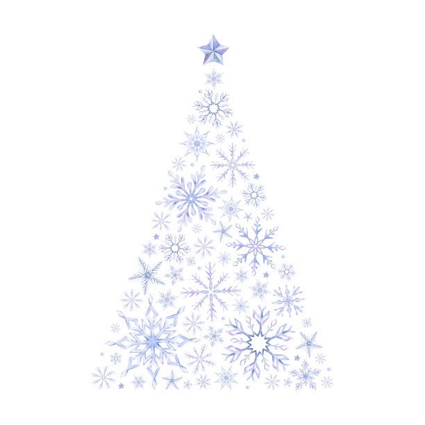 雪花做成圣诞树的形状。三角形的形状充满了雪花。雪,星星。水彩圆构图。孤立。明信片，请柬，卡片图片下载