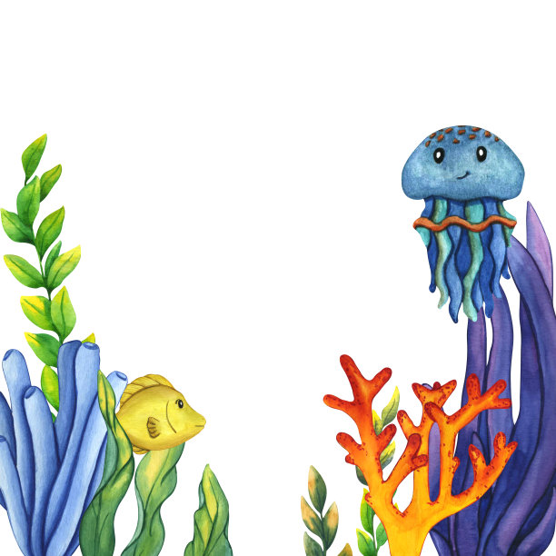 水彩水母，绿蓝色海藻和可爱的黄色唐鱼。插图水下的草和珊瑚，自然景观元素，孤立的白色背景上的孩子印刷图片下载