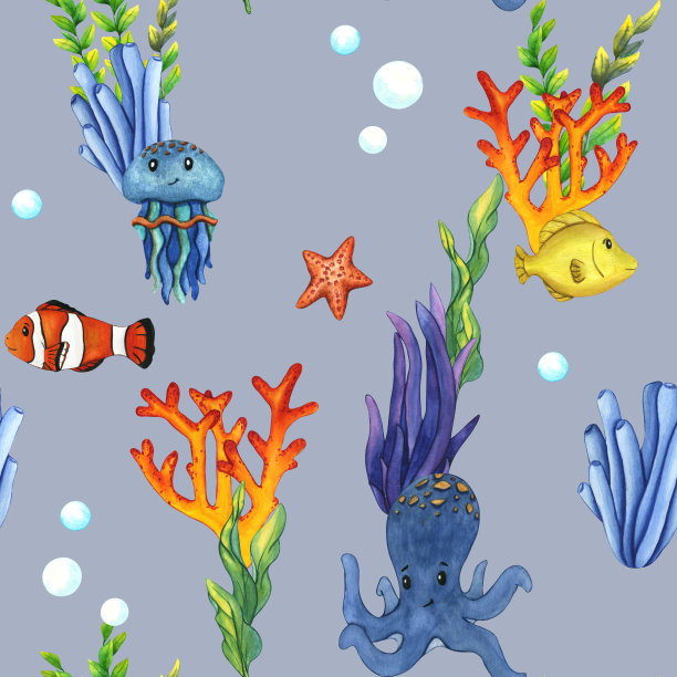 水彩无缝图案水母，黄色唐鱼，小丑鱼和绿色蓝色海藻和珊瑚。海底海洋，水下景观背景。剪贴画海底底部的孩子打印图片下载