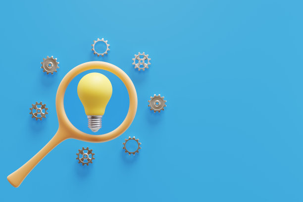 放大镜后面的一个灯泡，周围是齿轮。三维渲染图片下载
