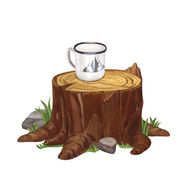 水彩杯，树桩上有茶，在长途徒步旅行中露营。手绘插图孤立在白色背景。以旅游、徒步旅行、户外休闲为主题的设计作品。图片下载