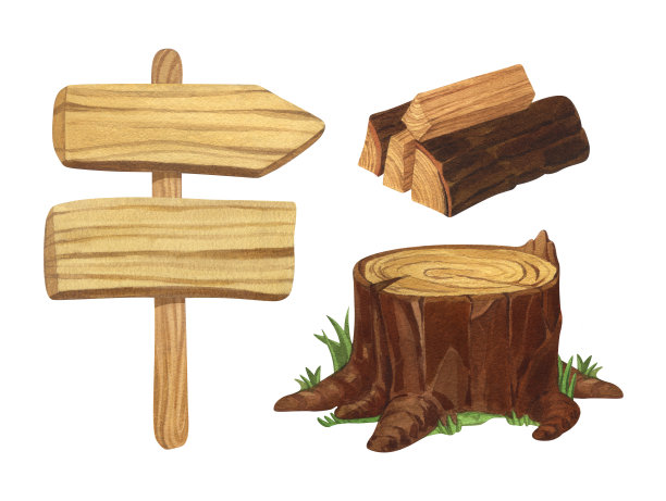 水彩木牌、路牌、树桩、柴火。纹理木手绘插图孤立在白色背景。质朴的木板适合露营、旅游、旅行、远足图片下载