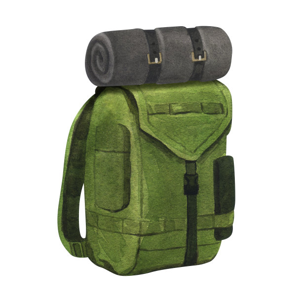 水彩绿色户外露营旅游背包，带旅游垫。手绘插图孤立在白色背景。适合旅行，旅行，徒步旅行，自然，露营元素。图片下载