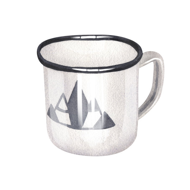 水彩旅游杯茶c画山，旅游属性。手绘插图孤立在白色背景。适合旅游，旅行，徒步旅行，露营，自然，旅行，露营元素。图片下载