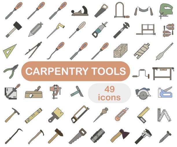 收集的颜色图标的木工工具与笔画。木工车间工具。矢量插图。图片下载
