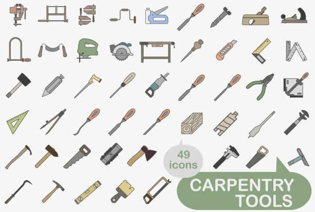 收集的颜色图标的木工工具与笔画。木工车间工具。矢量插图。图片下载
