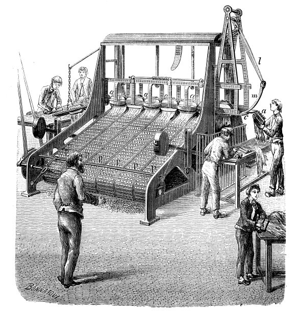 19世纪工业、技术和工艺的仿古插画:纺织和时尚工业、亚麻生产图片下载