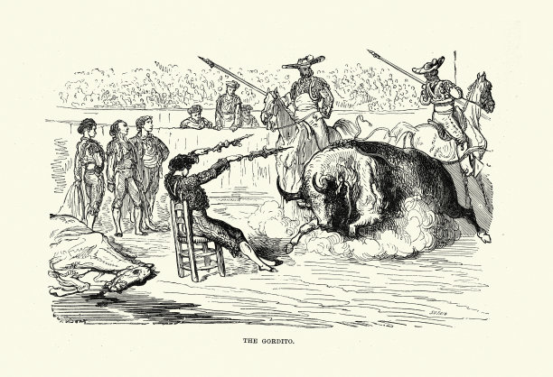 斗牛，斗牛士El Gordito坐在椅子上与公牛搏斗，西班牙斗牛士，西班牙，西班牙19世纪图片下载