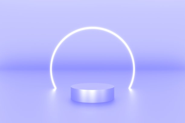 3d平台蓝色用于产品背景舞台或讲台和空白展示平台，环形霓虹灯白色。三维插图渲染图片下载