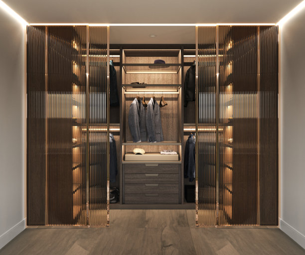 豪华一室公寓阁楼风格的浅色和深色。时尚的现代客房区与木制衣柜。3d渲染插图。图片下载