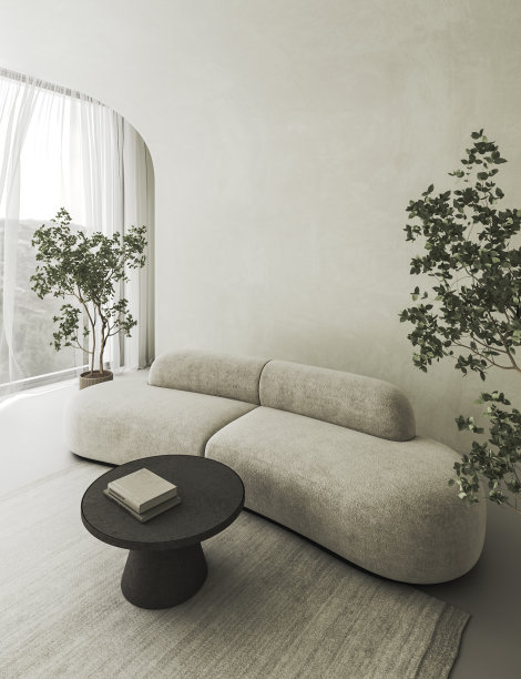 概念室内房间与拱形灰泥墙和窗户与窗帘。创意构图沙发与拱门在柔和的颜色。空背景模型。3 d渲染。高质量3d插图图片下载