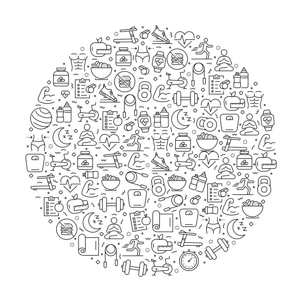 模式与健身和锻炼图标。黑色和白色细线图标图片下载