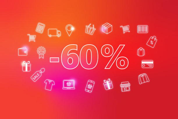 彩色霓虹灯发光- 50%的折扣标签挂在红色背景。各种购物图标。图片下载