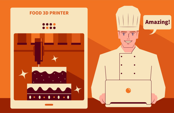 微笑英俊的厨师使用电脑(笔记本电脑，下载食谱)运行食物3d打印机制作蛋糕图片下载