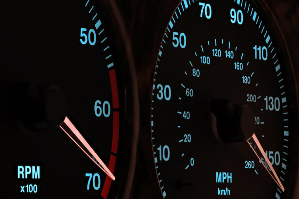 汽车仪表盘上的转速表和速度表在全功率下图片下载