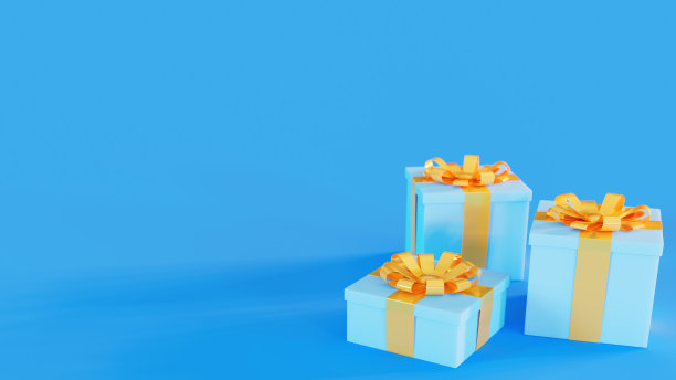 三个蓝色礼盒，黄丝带，庆祝和欣赏主题，3d渲染图片下载