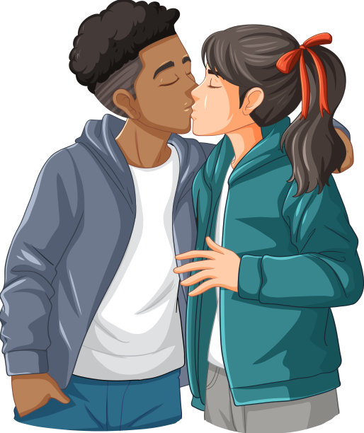 跨种族情侣的卡通接吻图片下载