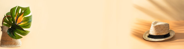 夏日概念。平铺横幅与米色凉鞋，草帽，热带mostera叶。复制空间图片下载