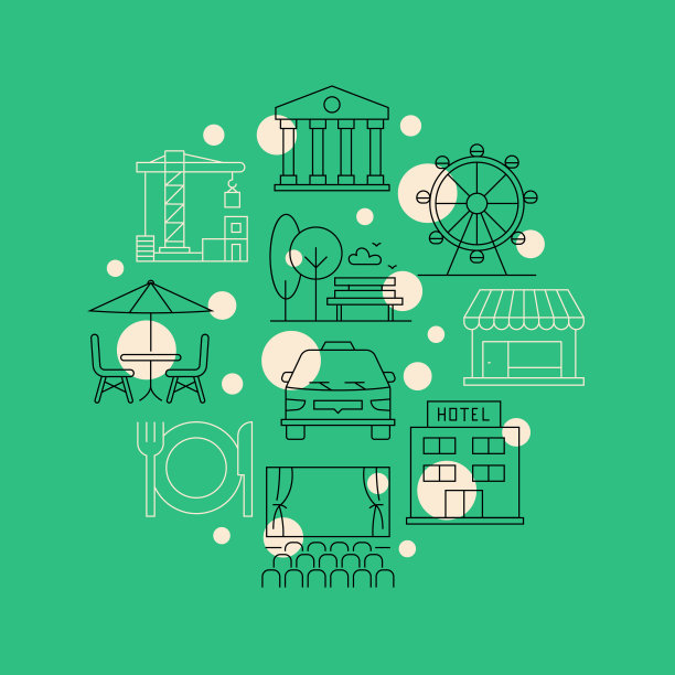 城市元素相关设计元素。使用大纲图标的模式设计。色彩斑斓的矢量图图片下载