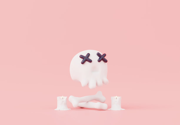 3d渲染，万圣节派对元素装饰与白色骷髅和蜡烛在柔和的背景，不给糖就捣蛋的概念。图片下载